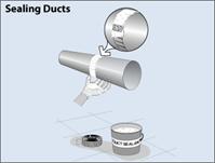 Illustration of a person sealing ducts. The duct is being sealed along the joint with duct sealant. A cutout shows a close-up of the joint with the sealant around it.